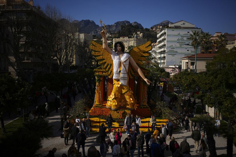 A sculpture of Nike the Greek god of victory made with lemons is pictured during the 90th Olympia in Menton edition of the Lemon Festival in Menton.