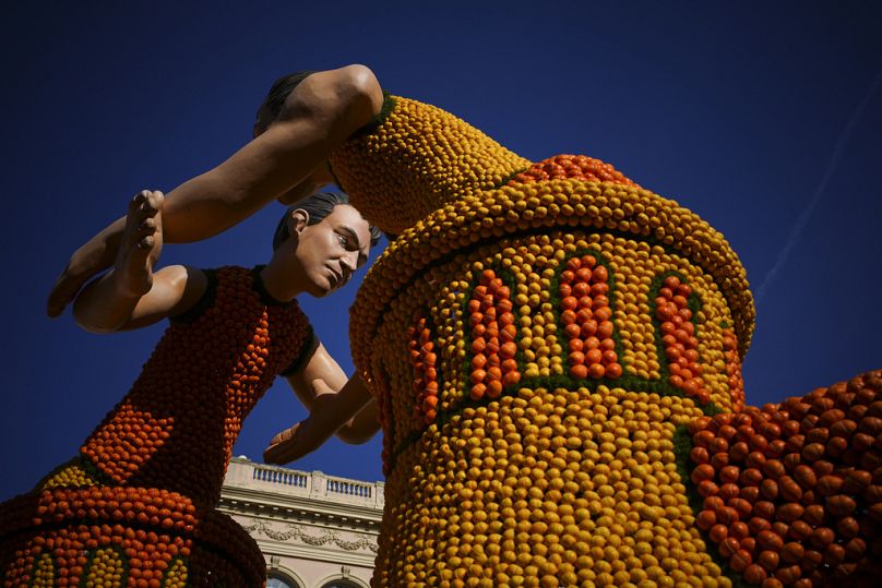 An olympic wrestling sculpture made with lemons is pictured during the 90th Olympia in Menton edition of the Lemon Festival in Menton, southern France, 17 Feb 2024