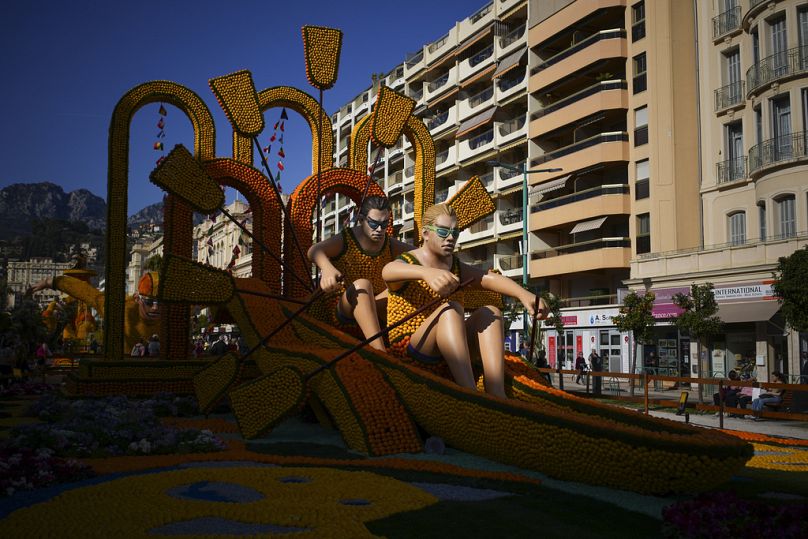 An olympic rowing sculpture made with lemons is pictured during the 90th Olympia in Menton edition of the Lemon Festival in Menton, southern France, 17 Feb 2024.