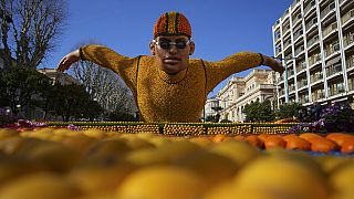 An olympic swimmer sculpture made with lemons is pictured during the 90th Olympia in Menton edition of the Lemon Festival in Menton, southern France, Saturday, Feb. 17, 2024.