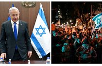تظاهرات شامگاه شنبه علیه نتانیاهو و درخواست برای برگزاری زودهنگام انتخابات (راست) بنیامین نتانیاهو (چپ)