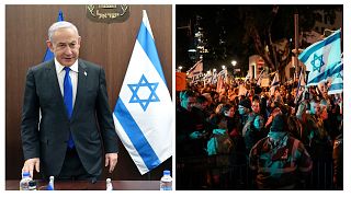 تظاهرات شامگاه شنبه علیه نتانیاهو و درخواست برای برگزاری زودهنگام انتخابات (راست) بنیامین نتانیاهو (چپ)
