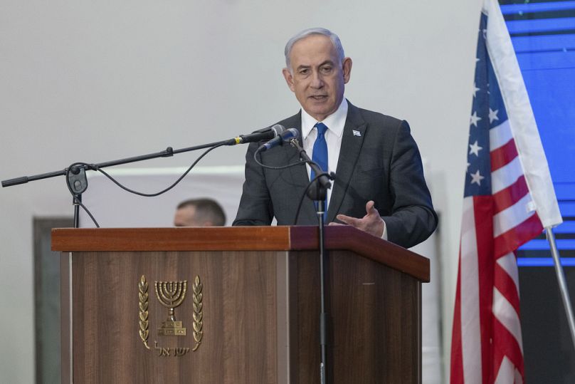 Prime Minister Benjamin Netanyahu speaks during a gathering of Jewish leaders at the Museum of Tolerance in Jerusalem, Sunday, Feb. 18, 2024.