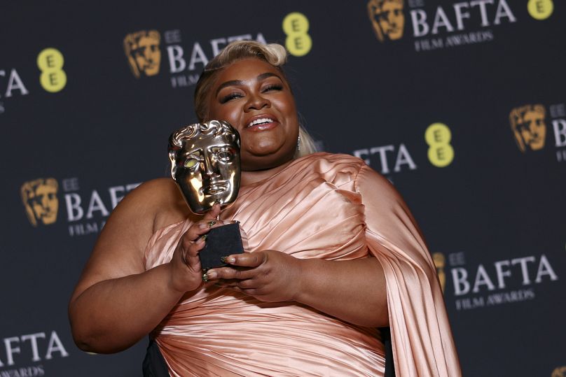 Da'Vine Joy Randolph, winner of the Best Supporting Actress award for 'The Holdovers,' poses at the 77th British Academy Film Awards (BAFTAs) in London on 18 Feb 2024.