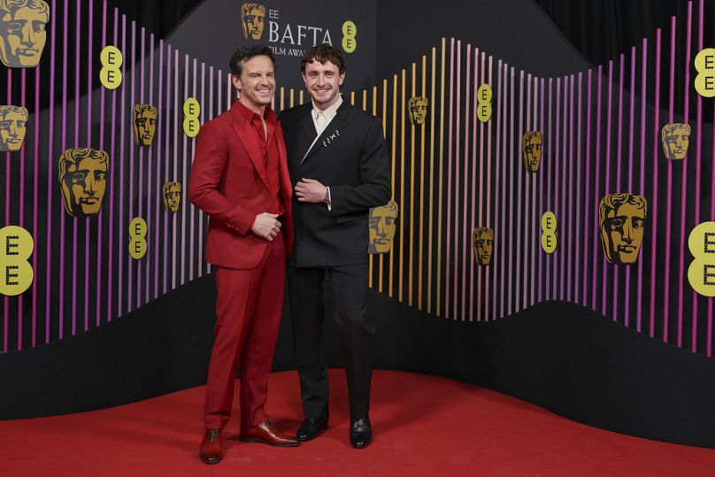 Andrew Scott, left, and Paul Mescal pose for photographers upon arrival at the 77th British Academy Film Awards, BAFTA's 2024