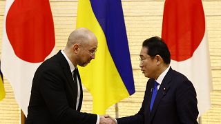 Ukraine's Prime Minister Denys Shmyhal, left, shakes hands with Japanese Prime Minister Fumio Kishida after their joint press briefing