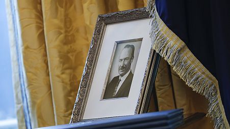 A portrait of former US president Donald Trump's father Fred Trump seen in the Oval Office of the White House in Washington, in 2017.