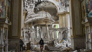 Odesa Transfiguration Cathedral, Ukraine, inspected for damage after Russian missile attacks. July 23, 2023
