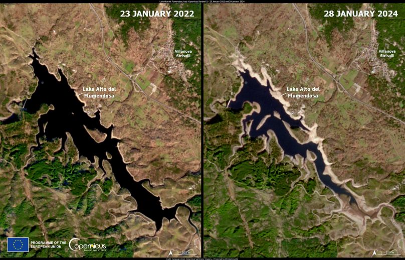 На этих снимках озера Альто-дель-Флумендоса, снабжающего пресной водой большую часть восточной Сардинии, видно значительное снижение уровня воды.