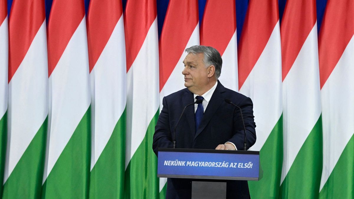ویکتور اوربان، نخست وزیر مجارستان در حال ایراد سخنرانی سالیانه در مورد «وضعیت کشور»‌ به تاریخ ۱۷ فوریه ۲۰۲۴