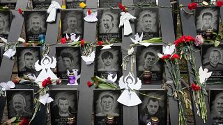 Portraits de manifestants morts pendant la Révolution de Maïdan à Kyiv en février 2014.