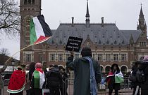 Lahey merkezli Uluslararası Adalet Divanı yerleşkesi dışında Filistin lehine gösteri yapan eylemciler