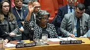المندوبة الأمريكية في الأمم المتحدة ليندا توماس غرينفيلد خلال استخدامها الفيتو في تصويت مجلس الأمن بنيويورك على مشروع قرار بشأن غزة