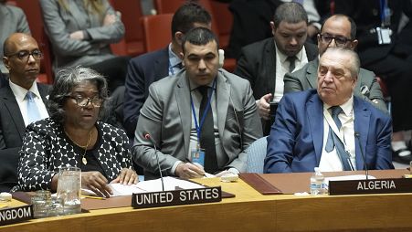Linda Thomas-Greenfield, az Egyesült Államok ENSZ-nagykövete (balra) az ENSZ Biztonsági Tanácsának ülésén 2024. február 20-án