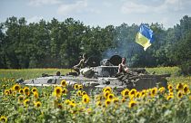 ARQUIVO - Tropas ucranianas montadas num APC com uma bandeira ucraniana, num campo com girassóis em Kryva Luka, no leste da Ucrânia, sábado, 5 de julho de 2014.