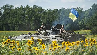 FILE - Ukrainian troops ride on an APC with a Ukrainian flag, in a field with sunflowers in Kryva Luka, eastern Ukraine, Saturday, July 5, 2014.