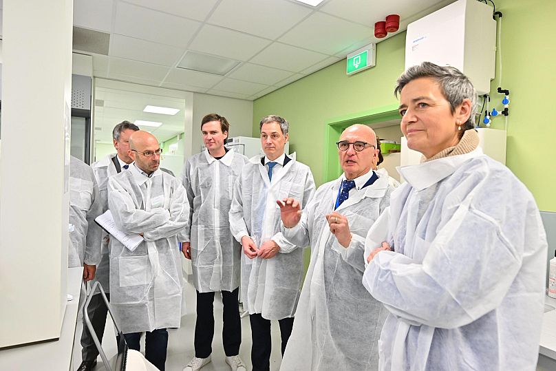 Belgium's Prime Minister Alexander De Croo and Commission Vice President Margrethe Vestager during a visit to the Ghent-based facility of immunology company Argenx.