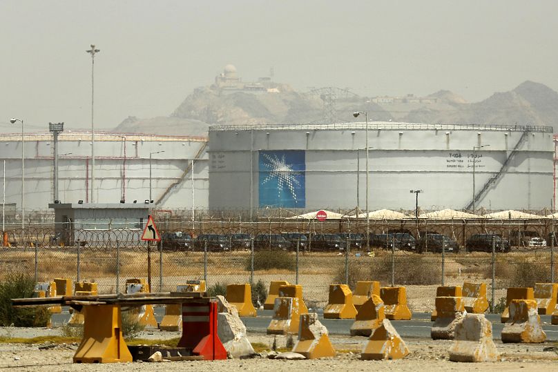 Storage tanks are seen at the North Jiddah bulk plant, an Aramco oil facility, in Jiddah, Saudi Arabia, 2021.