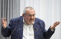Boris Nadezhdin, a liberal Russian politician who had tried to run in next month’s presidential election speaks at a meeting of the Russia's Central Election in Moscow. 