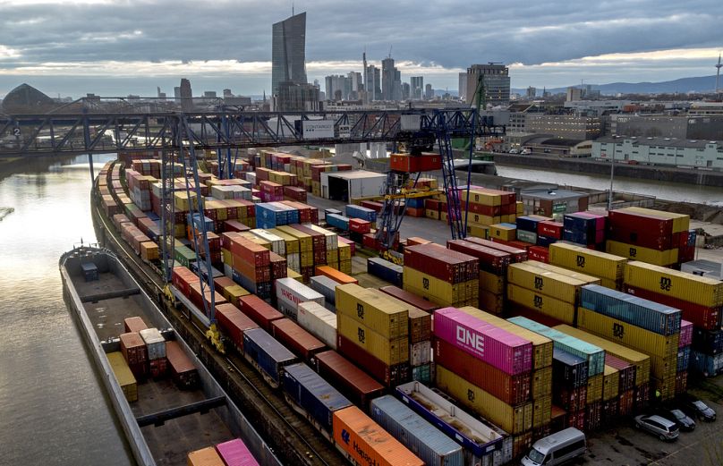Containers are pictured in the small harbour in Frankfurt, Germany, Tuesday, Feb. 13, 2024.