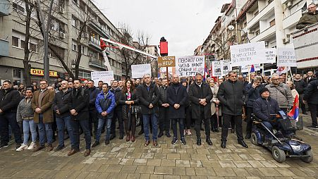 Kosovo Serbs protest against a ban of the use of the Serbian currency in areas where they live