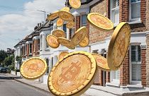 Row of Typical British Terraced Houses in Barnes, UK. and Bitcoin 3D Background