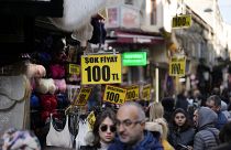 Prices are displayed in a clothes shop at Eminonu commercial area in Istanbul, Turkey, Wednesday, Feb. 21, 2024. 