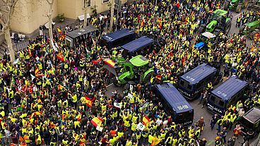 Hunderte von Landwirten versammelten sich mit dutzenden Traktoren am Hafen von Valencia.