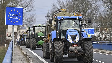 Czech farmers in tractors make their way to the Hodonín/Holíč, Czech-Slovakia border crossing, in Czech Republic, Thursday, Feb. 22, 2024