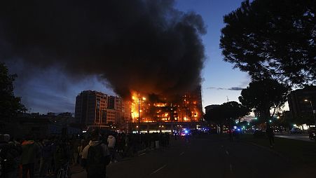 A housing block burns in Valencia, Spain, Thursday, Feb. 22, 2024.