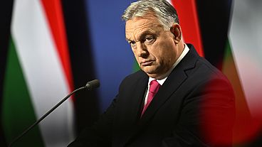 Hungarian Prime Minister Viktor Orban arrives for an annual international press conference in Budapest, Hungary, Thursday, Dec. 21, 2023.