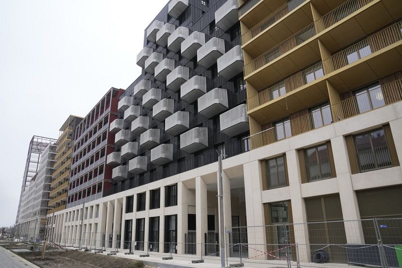 Buildings of the Olympic Village are pictured on Friday, Dec. 1, 2023 in Saint-Denis, outside Paris.