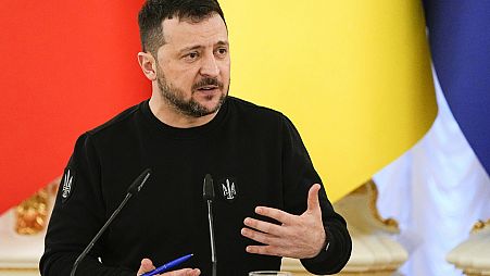 Wolodymyr Selenskyj spricht während einer Pressekonferenz im Mariinski-Palast in Kiew, 24. Februar 2024.