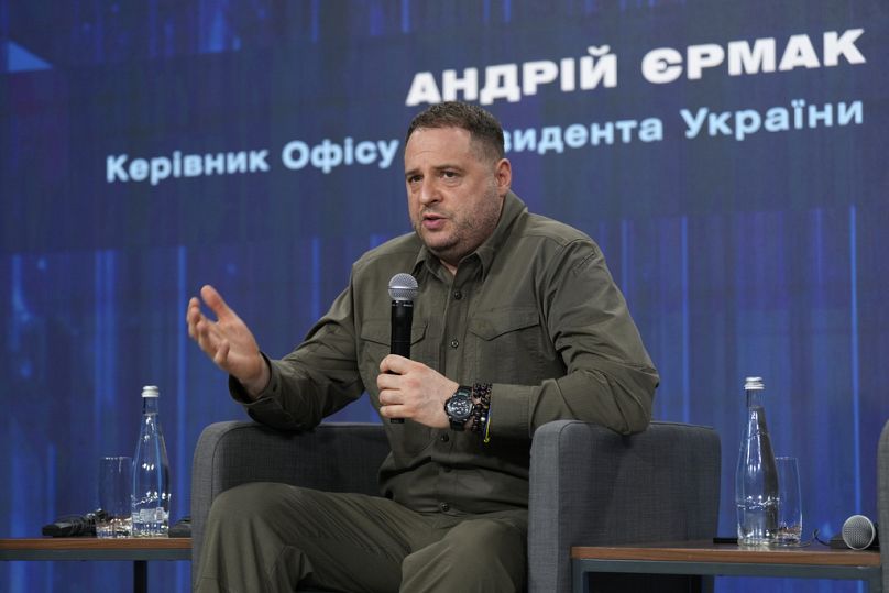 Head of Ukrainian Presidential Office Andriy Yermak attends the forum Ukraine 2024, in Kyiv, Ukraine, Sunday, Feb. 25, 2024. 