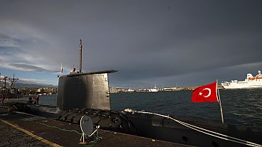Turkish submarine T.C.G. Anafartalar S356 is moored in the port of Catania, Sicily, southern Italy, Sunday, Feb. 25, 2024. 