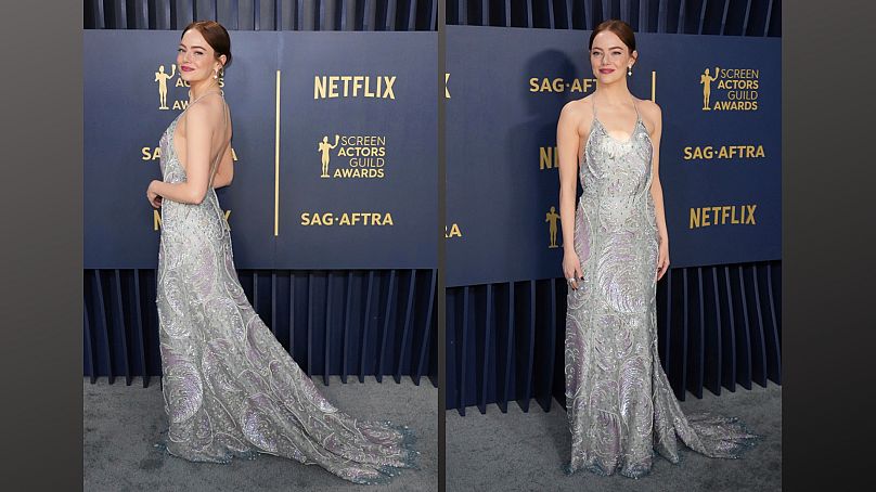 Emma Stone, who was nominated for best female actor in a drama film, stunned in a custom Louis Vuitton gown with silver embellishments.