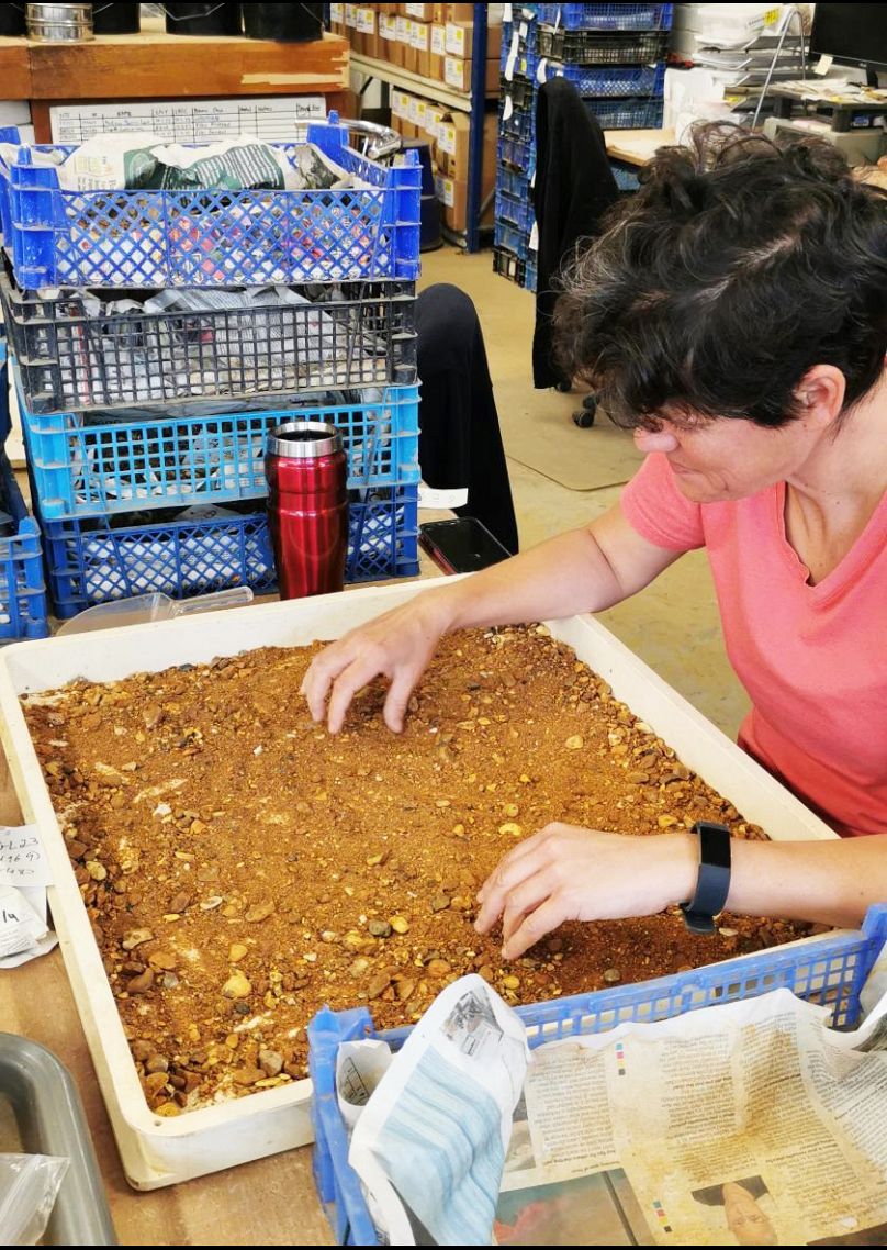 Un archéologue trie des petites pierres à la recherche d'objets archéologiques.