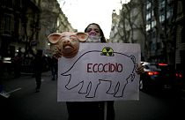 Женщина держит плакат с надписью на испанском языке «Экоцид»