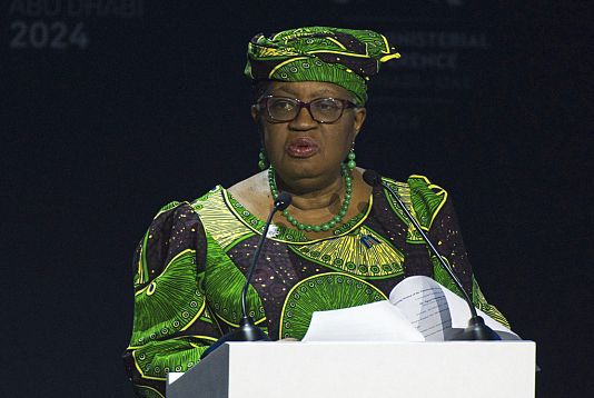 World Trade Organization Director-General Ngozi Okonjo-Iweala speaks at a WTO summit in Abu Dhabi, United Arab Emirates, Monday, Feb. 26, 2024.