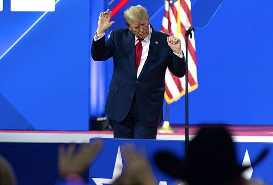 Republican presidential candidate former President Donald Trump dances during the Conservative Political Action Conference in Oxon Hill, Md., Saturday, Feb. 24, 2024.
