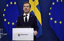 Sweden's Prime Minister Ulf Kristersson speaks to the press in Stockholm, Sweden, on Feb. 26, 2024, after the Hungarian parliament ratified Sweden's membership to NATO.