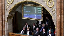 A display shows results during a vote by lawmakers which is expected to approve Sweden's accession into NATO, in Budapest, Hungary, Monday, Feb 26, 2024. 