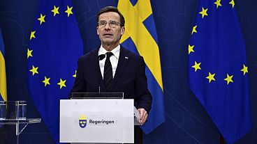 Sweden's Prime Minister Ulf Kristersson speaks to the press in Stockholm, Sweden, on Feb. 26, 2024, after the Hungarian parliament ratified Sweden's membership to NATO.
