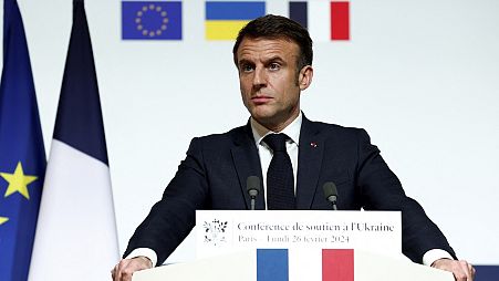French President Emmanuel Macron speaks during a press conference at the Elysee Palace in Paris, Feb. 26, 2024. 