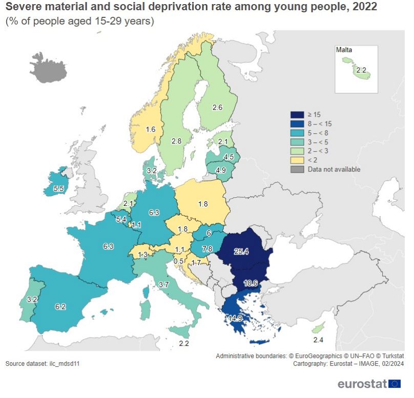 Ποσοστό σοβαρής υλικής και κοινωνικής στέρησης μεταξύ των νέων, 2022 (% των ατόμων ηλικίας 15-29 ετών)