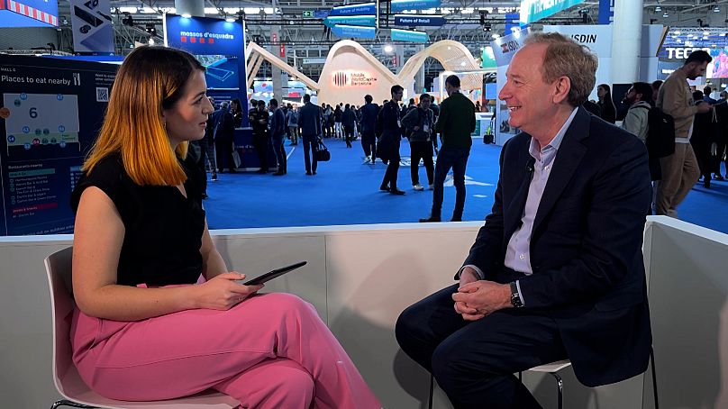 Brad Smith, President of Microsoft chats to Hannah Brown at MWC in Barcelona.