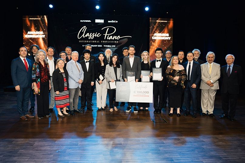 Competition winner Andrey Gugnin pictured alongside other finalists at the Classic Piano 2024 Final, Zabeel Theatre in Dubai.