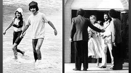 Pattie Boyd with husbands George Harrison (left) and Eric Clapton (right).