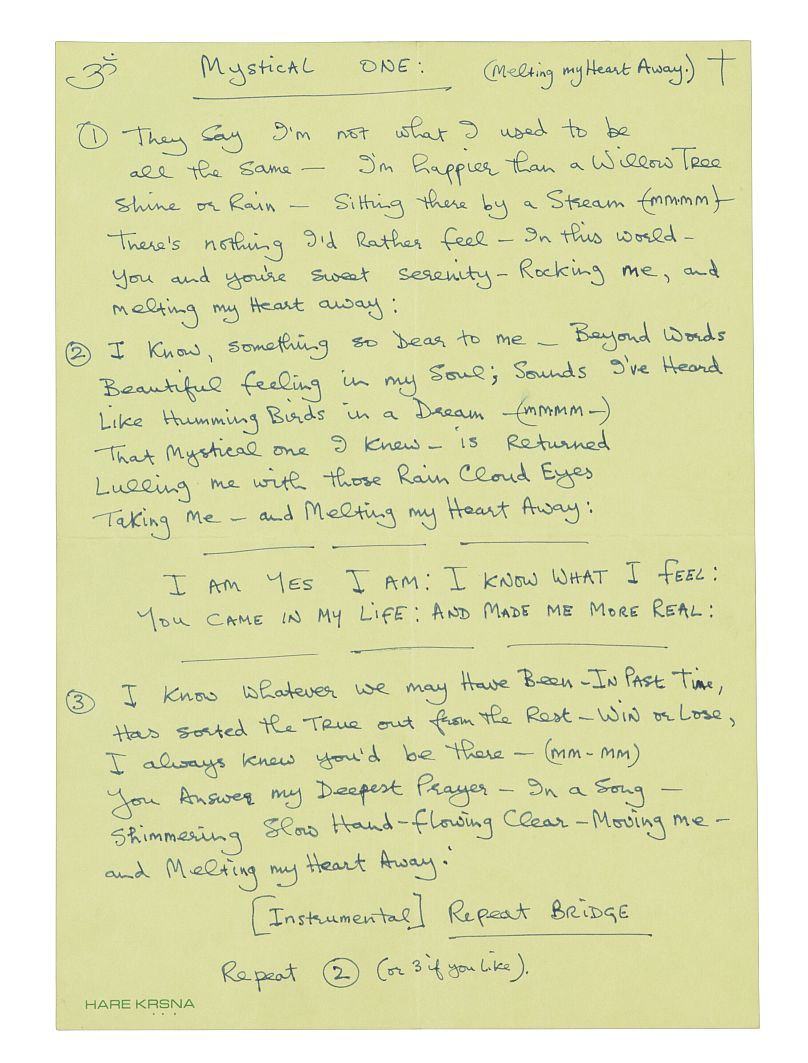 A rare set of handwritten lyrics in George Harrison's handwriting to the song "Mystical One", estimated to sell for 30,000-50,000 pounds.