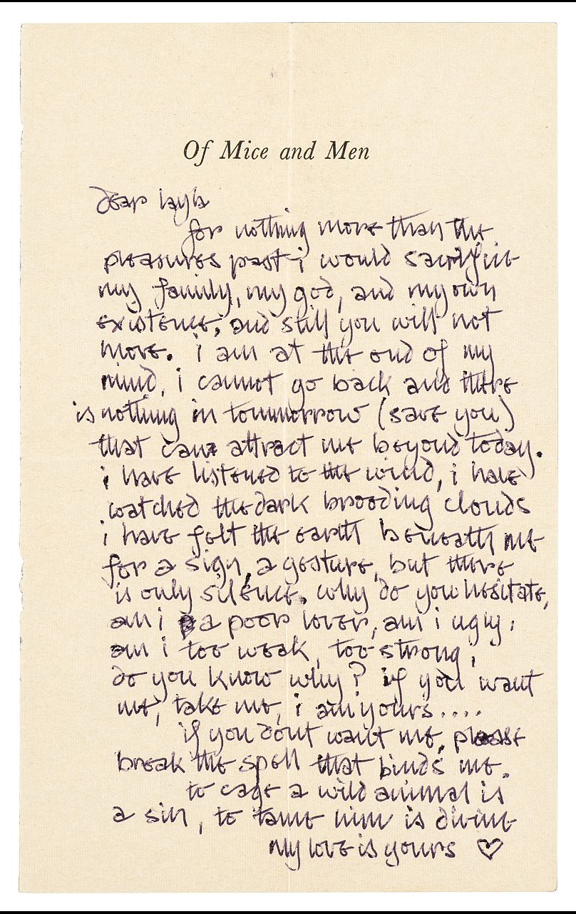 A love letter from Eric Clapton to Pattie Boyd, written on a page from the book 'Of Mice and Men' in 1970, while Boyd was still married to George Harrison.